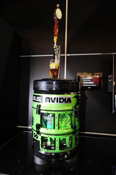 A custom-made computer/beer dispenser is